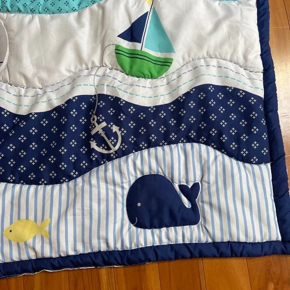 Nursery crib set Nautical Baby Quilt & 2 Crib Skirts BOAT ANCHOR WHALE S…